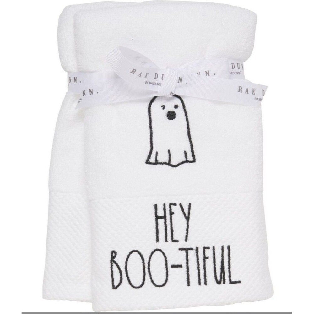 Rae Dunn “Hey Boo-Tiful” White Ghost Halloween Hand Towels Set of 2